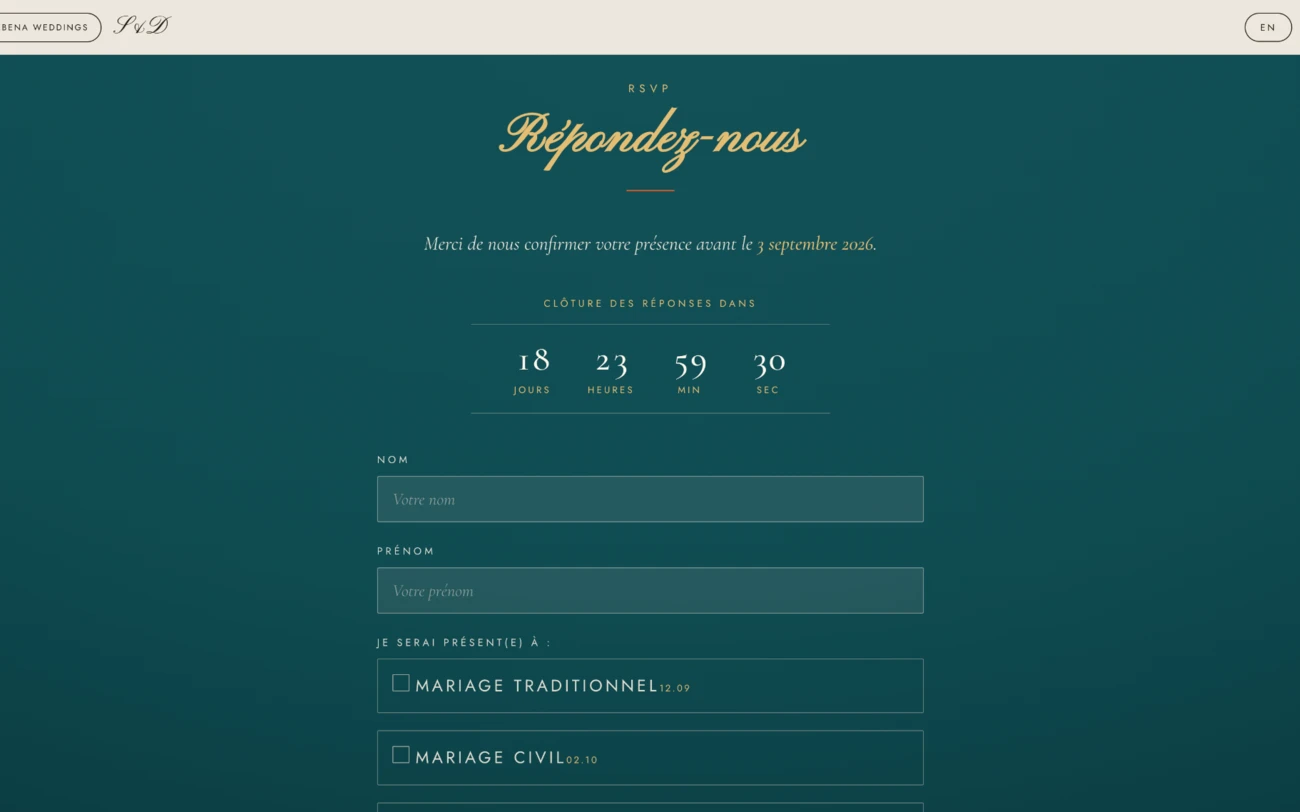 Formulaire RSVP de mariage, capture fournie pour présenter le parcours de réponse Webena